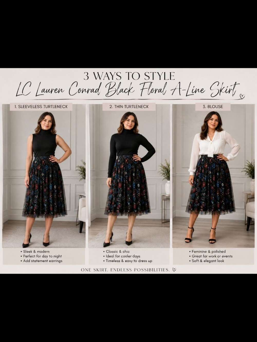 LC Lauren Conrad Black Floral A-Line Skirt